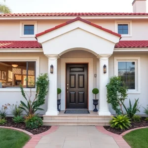 A refreshed house facade showcasing improved curb appeal with landscaping and painted doors.