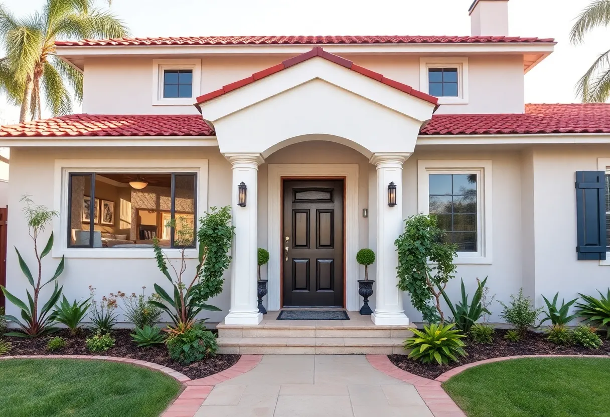 A refreshed house facade showcasing improved curb appeal with landscaping and painted doors.