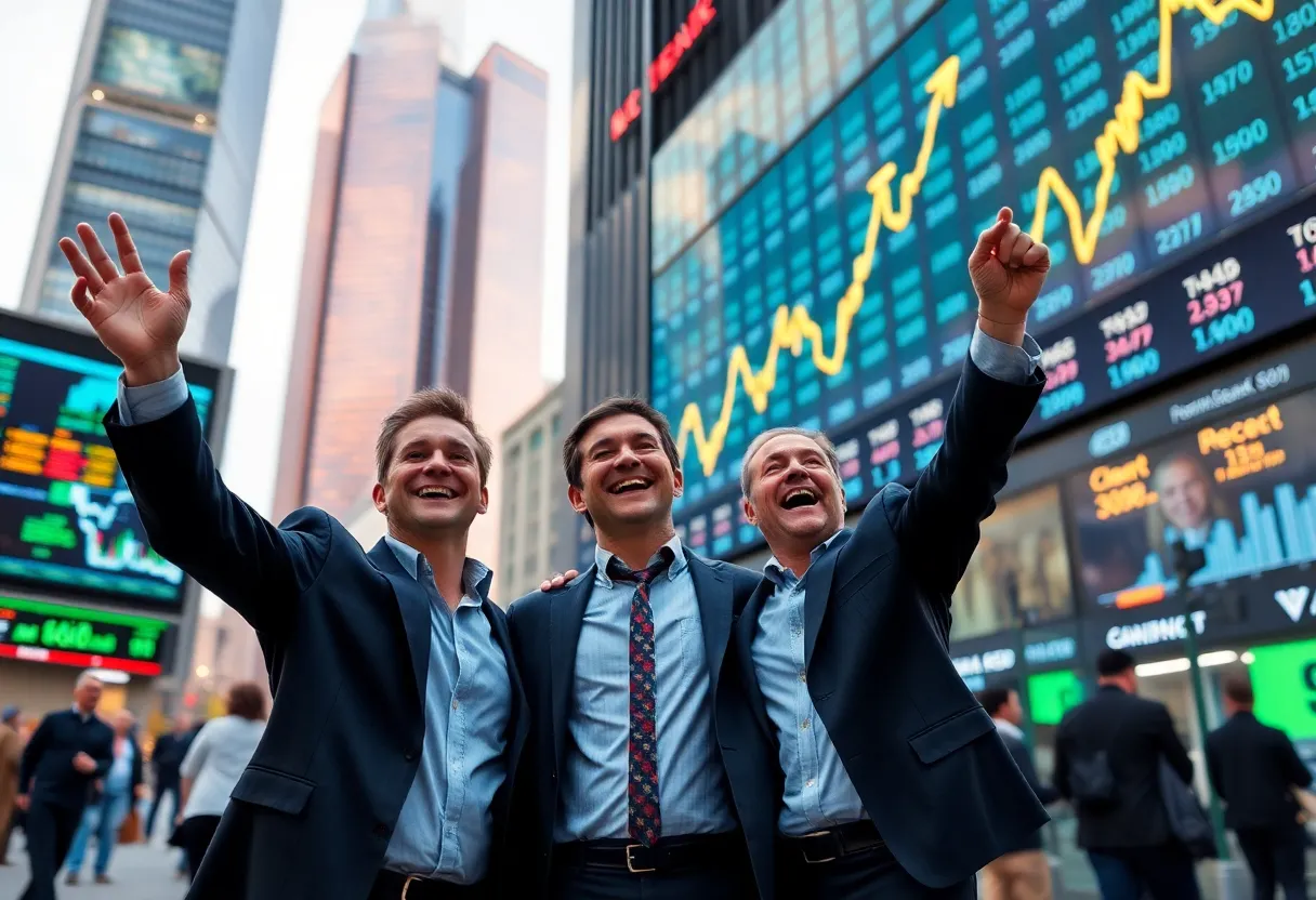 Investors celebrating the record high of the Dow Jones Industrial Average