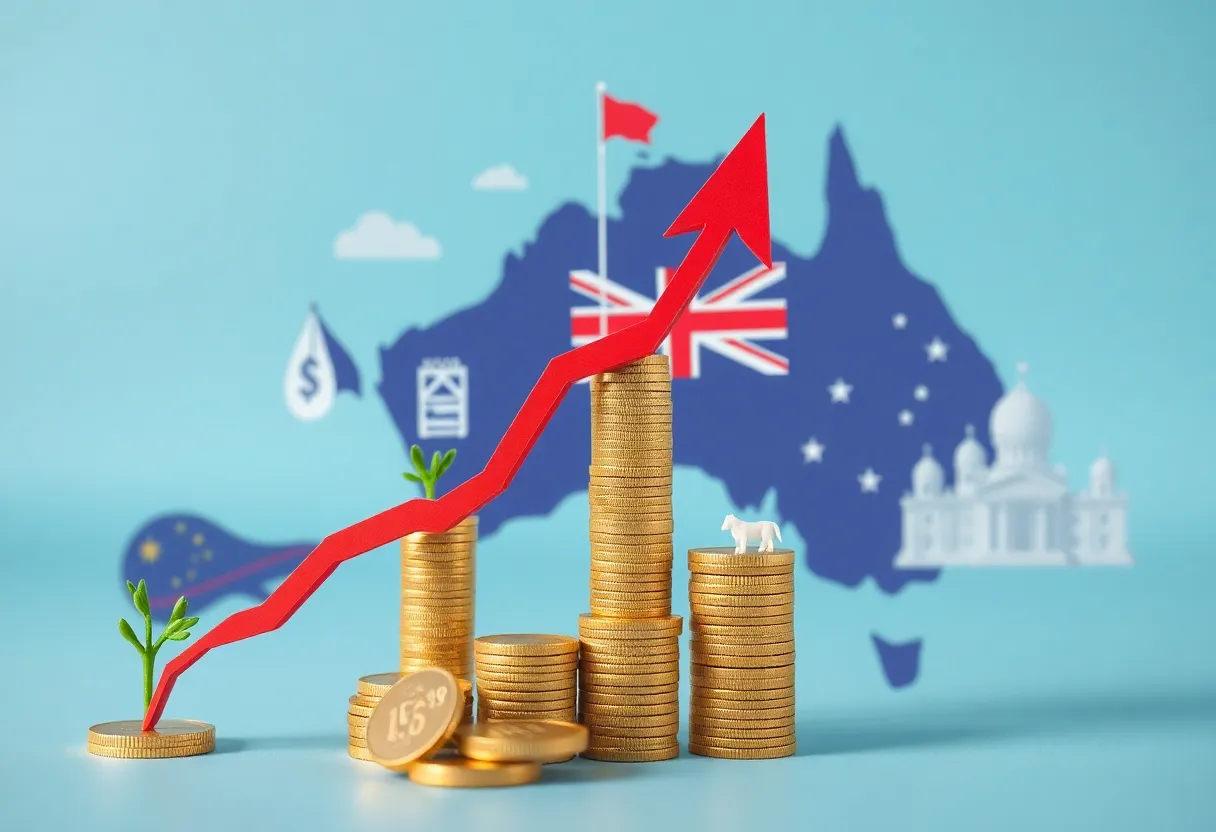 Symbols of economic challenges in Australia including debt and productivity