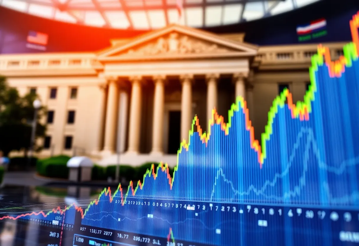 Symbolic representation of economic turmoil with visuals of stock trends and a central bank.
