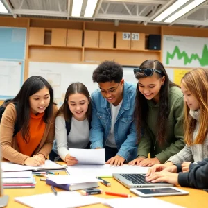 High school students collaborating on a business project for FBLA competition