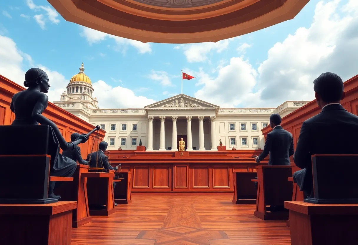 Courtroom depicting a legal dispute related to the Federal Reserve