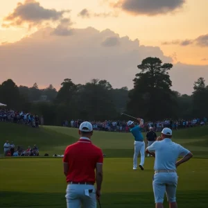 Golfers at the FedEx Cup Playoffs competing on a vibrant course