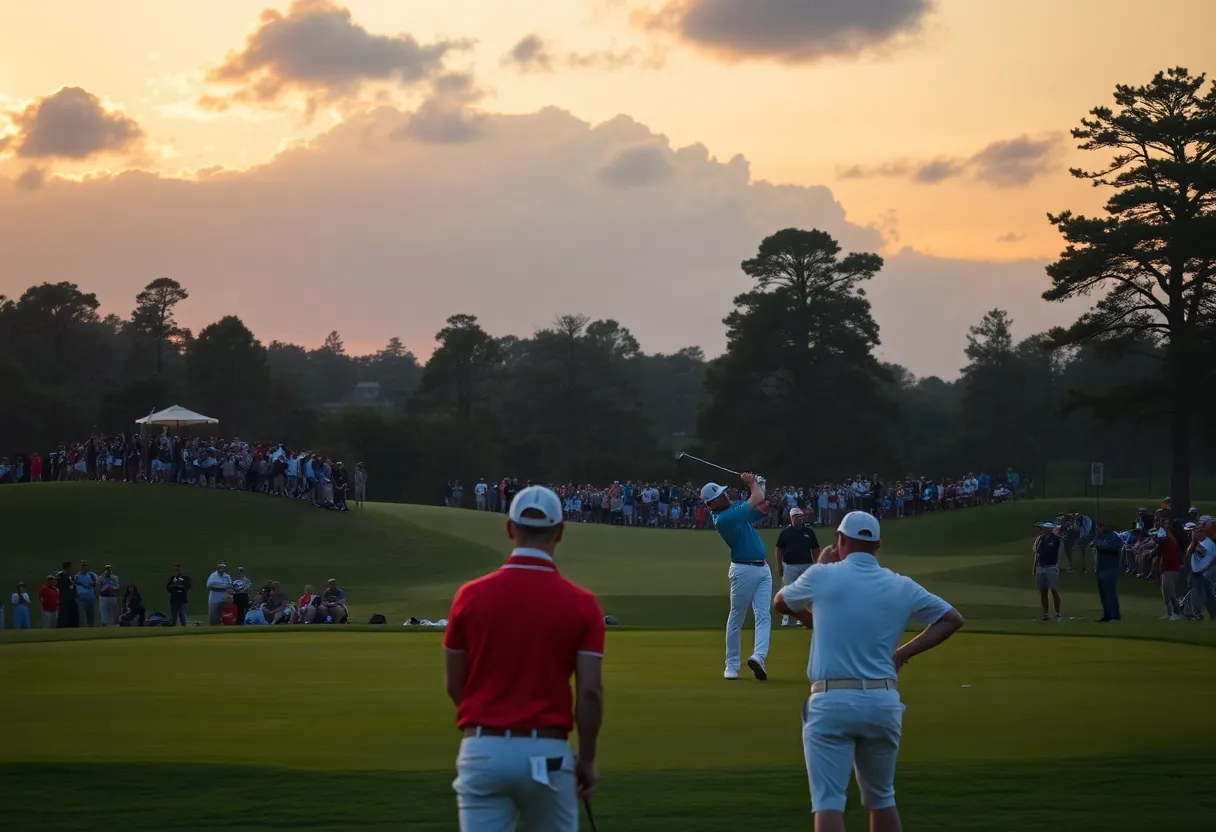 Golfers at the FedEx Cup Playoffs competing on a vibrant course