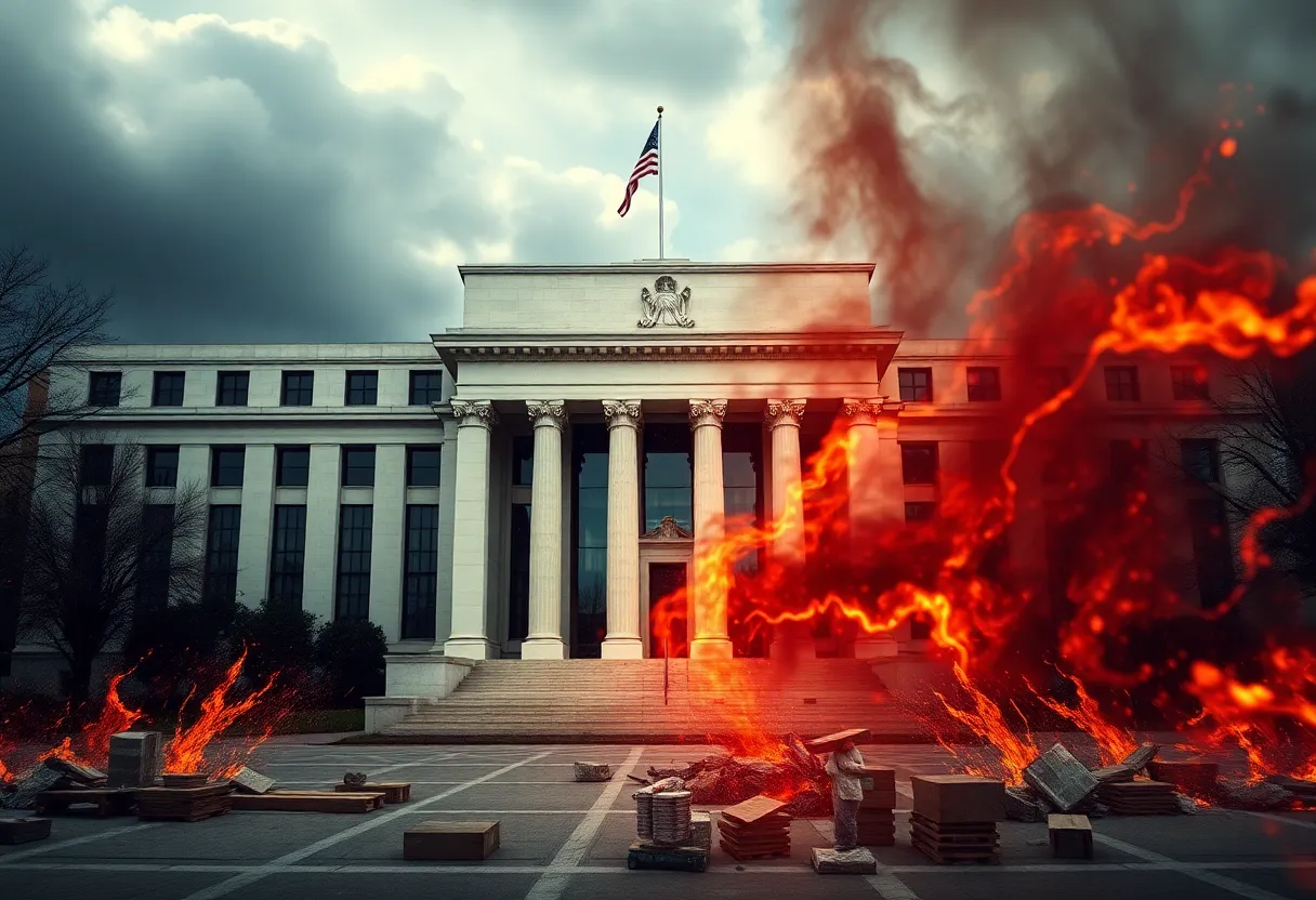 Dramatic illustration of the Federal Reserve amidst economic challenges