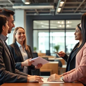 Real estate agents collaborating with clients in an office