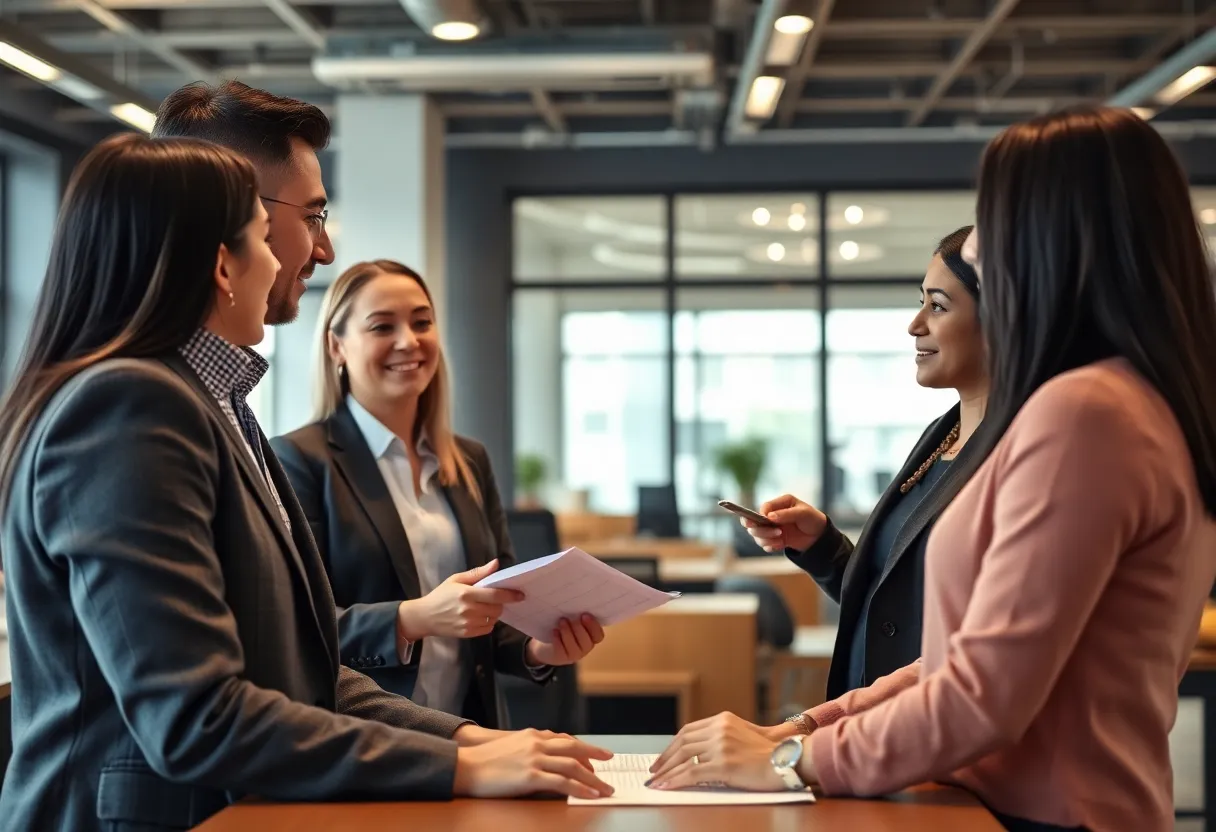 Real estate agents collaborating with clients in an office