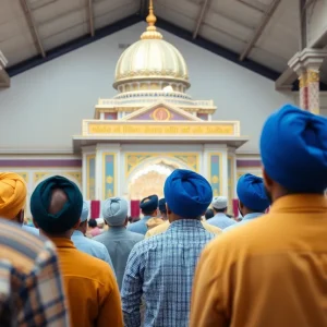 Sikh gurdwara with community members advocating for safety