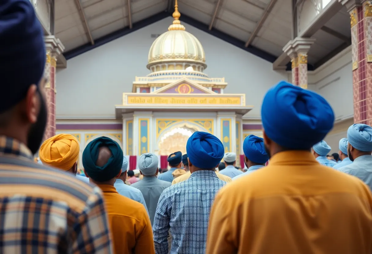 Sikh gurdwara with community members advocating for safety