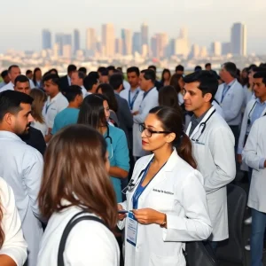 Healthcare professionals networking at a conference in Los Angeles.
