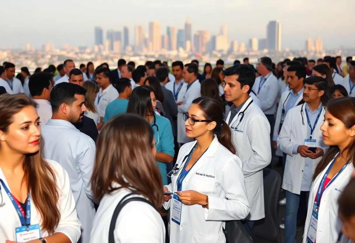 Healthcare professionals networking at a conference in Los Angeles.