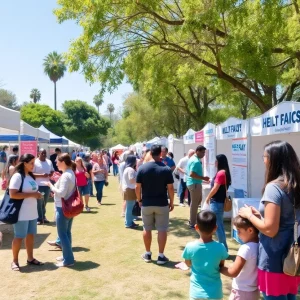 A vibrant scene from a health fair in Los Angeles, featuring booths and health screenings.