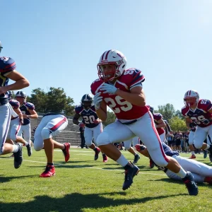 High school football players in action on the field