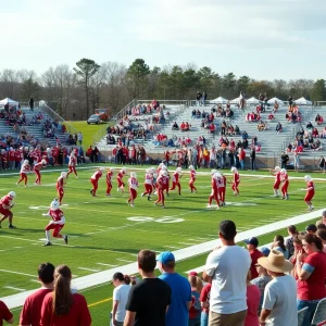 High school football teams practicing on a sunny field with fans.