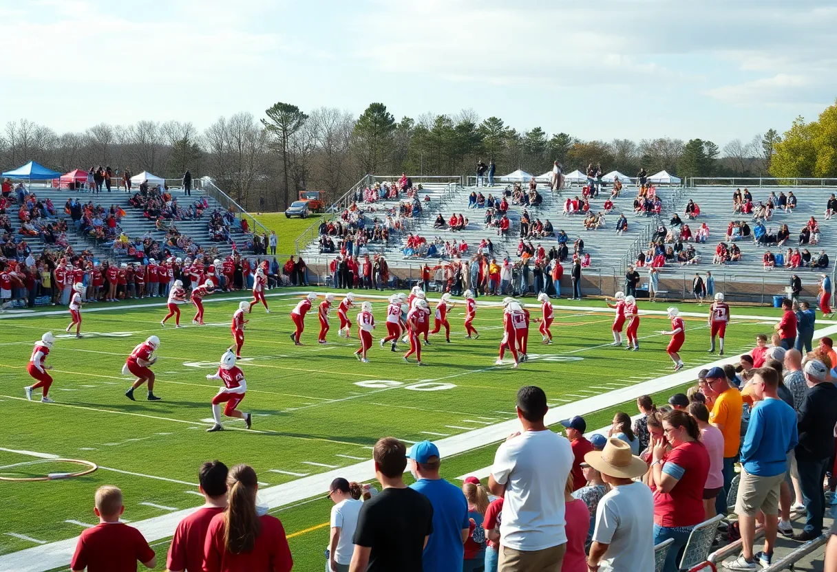 High school football teams practicing on a sunny field with fans.