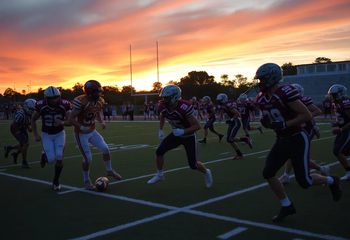 High school football players competing on a field in Los Angeles during a sunset