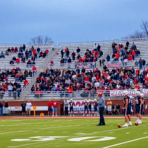 Football players practicing on the field with fans in the background.