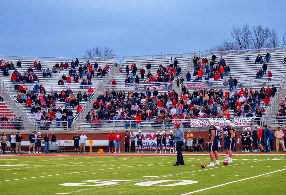 Football players practicing on the field with fans in the background.