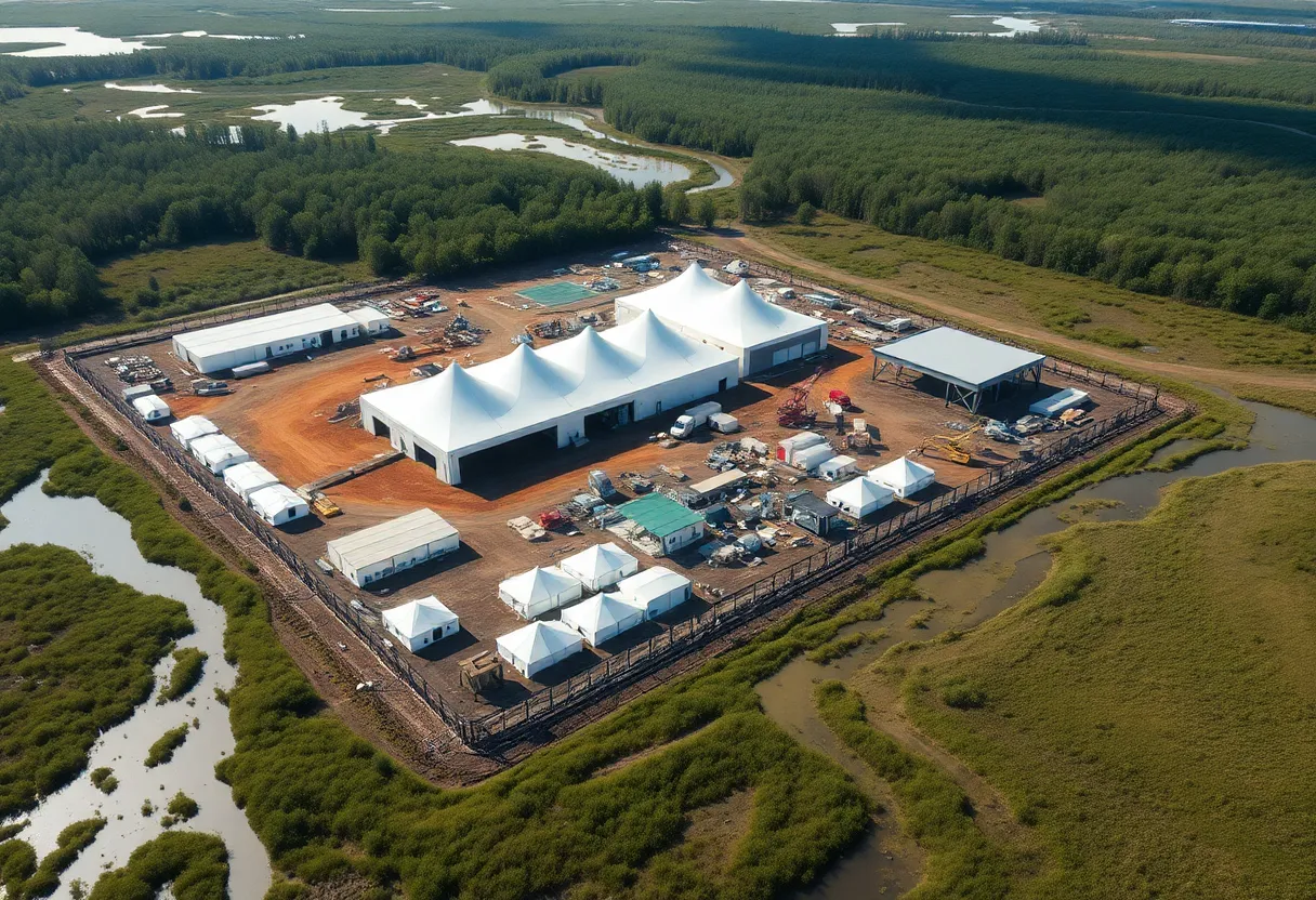Aerial view of the immigrant detention center construction site in Ochopee, Florida.