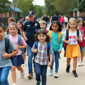Students walking to school with safety measures in place