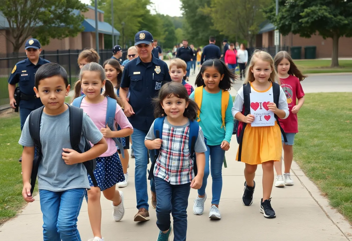Students walking to school with safety measures in place