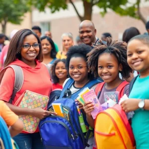 Families receiving back-to-school supplies at a community event in Los Angeles.