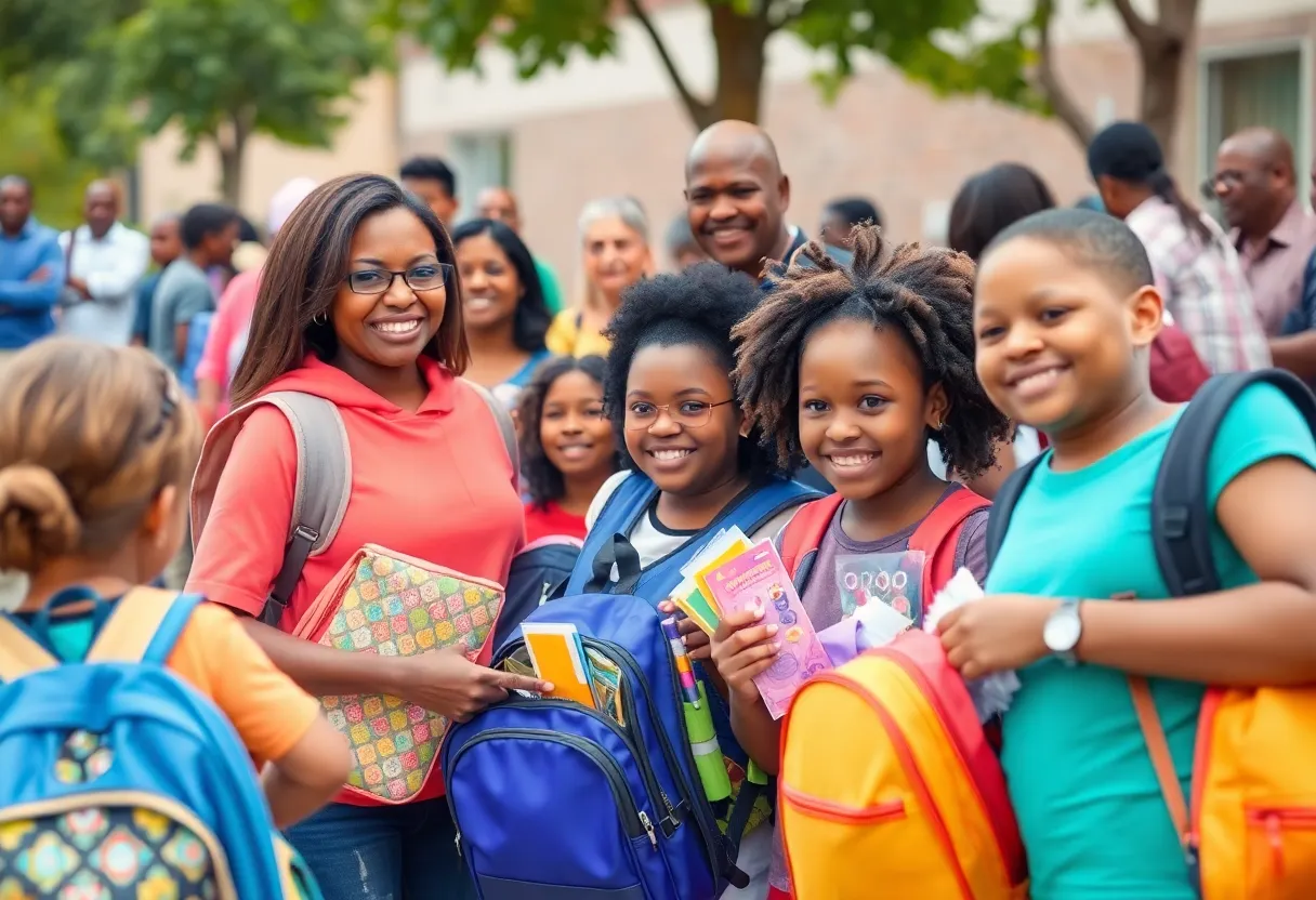 Families receiving back-to-school supplies at a community event in Los Angeles.
