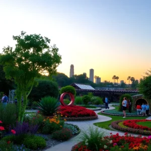 A vibrant garden scene in Los Angeles featuring flowers and trees during a summer evening.