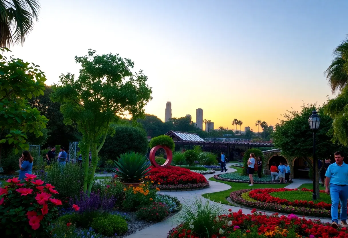A vibrant garden scene in Los Angeles featuring flowers and trees during a summer evening.