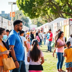Community health fair in Los Angeles with diverse families participating in health screenings.