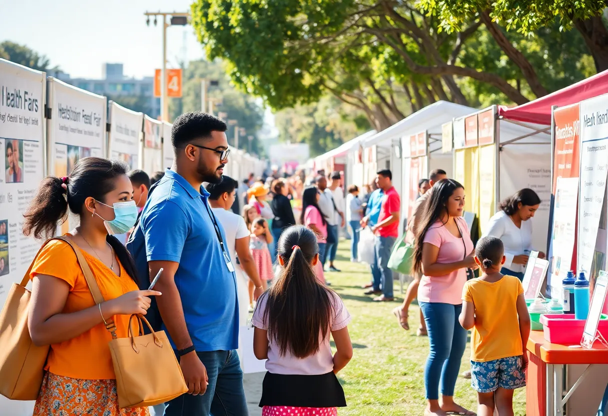Community health fair in Los Angeles with diverse families participating in health screenings.
