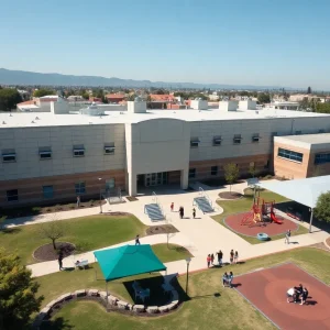 Aerial view of a Los Angeles middle school campus with students playing outside.