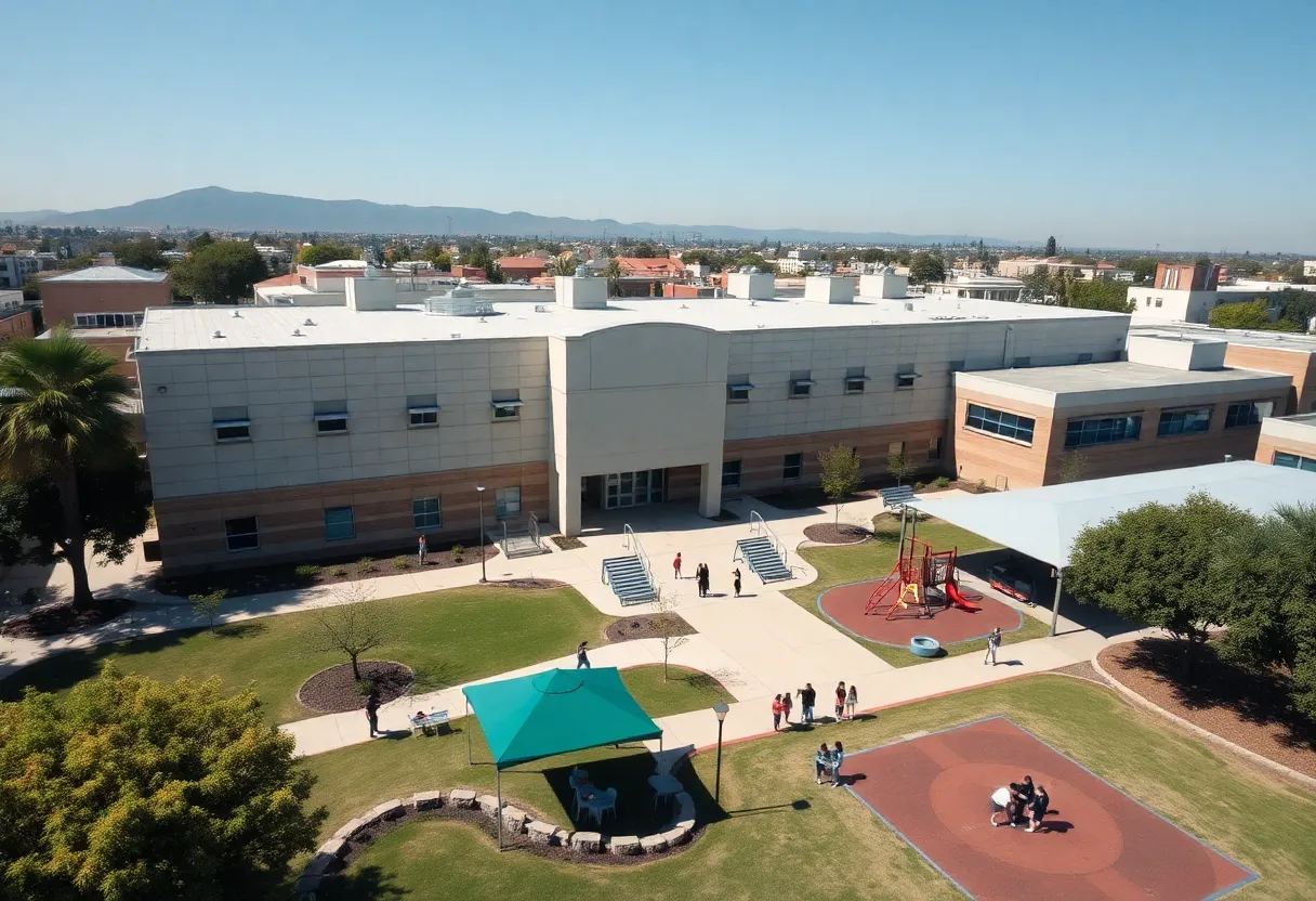 Aerial view of a Los Angeles middle school campus with students playing outside.