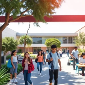 Diverse students learning in a sunny Los Angeles school campus.
