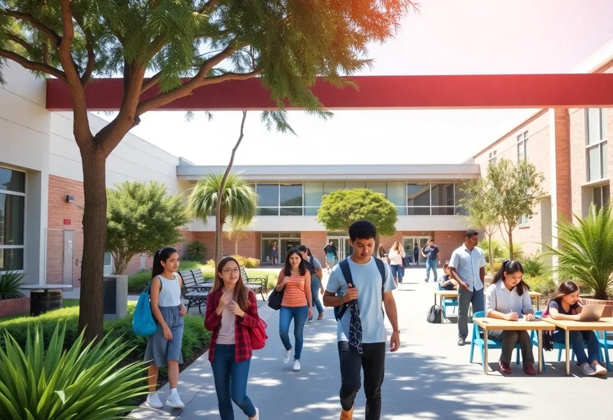 Diverse students learning in a sunny Los Angeles school campus.