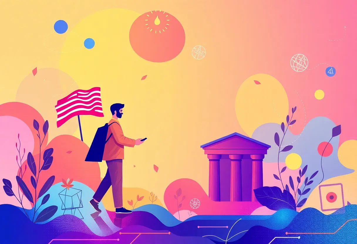 Illustration of technology and politics representing Meta's PAC initiative in California.