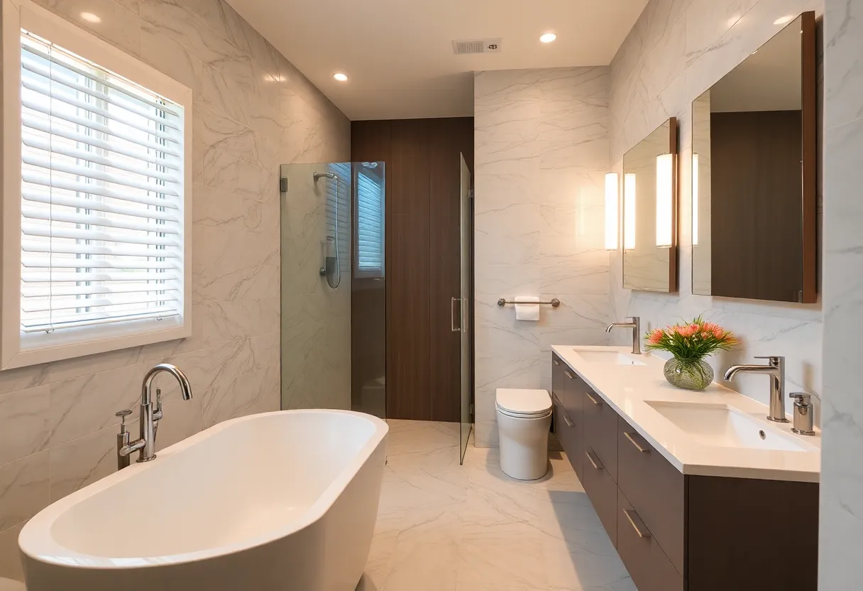 Renovated bathroom with modern fixtures and lighting