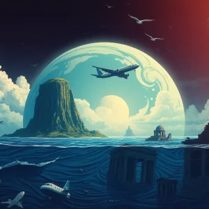 An artistic representation of legendary disappearances including a deserted island and ancient ruins