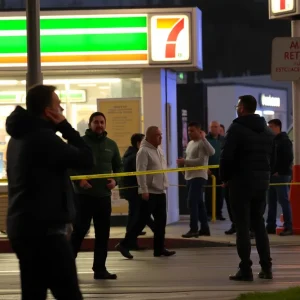 Scene of an assault near a 7-Eleven store in North Hollywood.