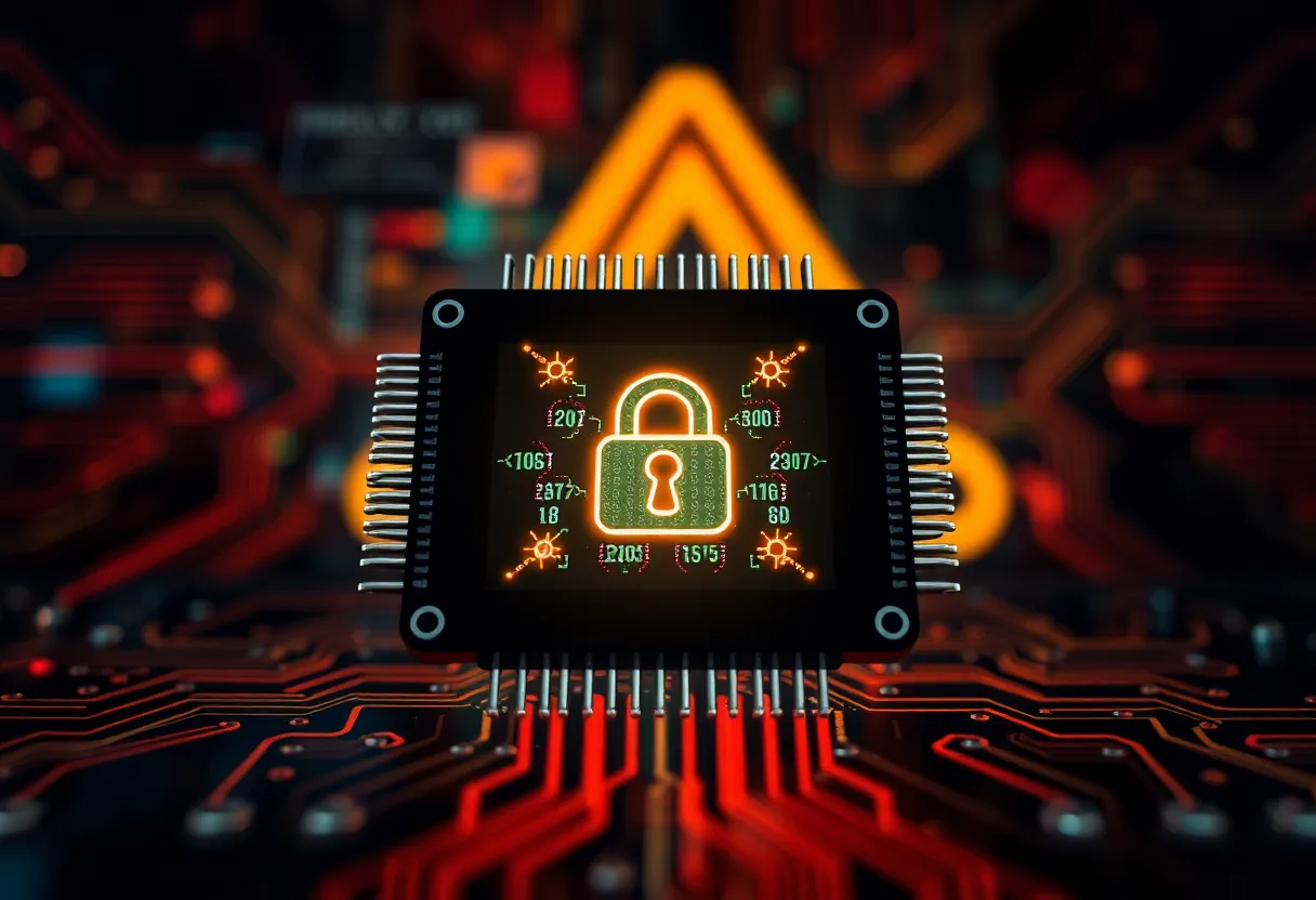 Abstract representation of a microchip with security symbols