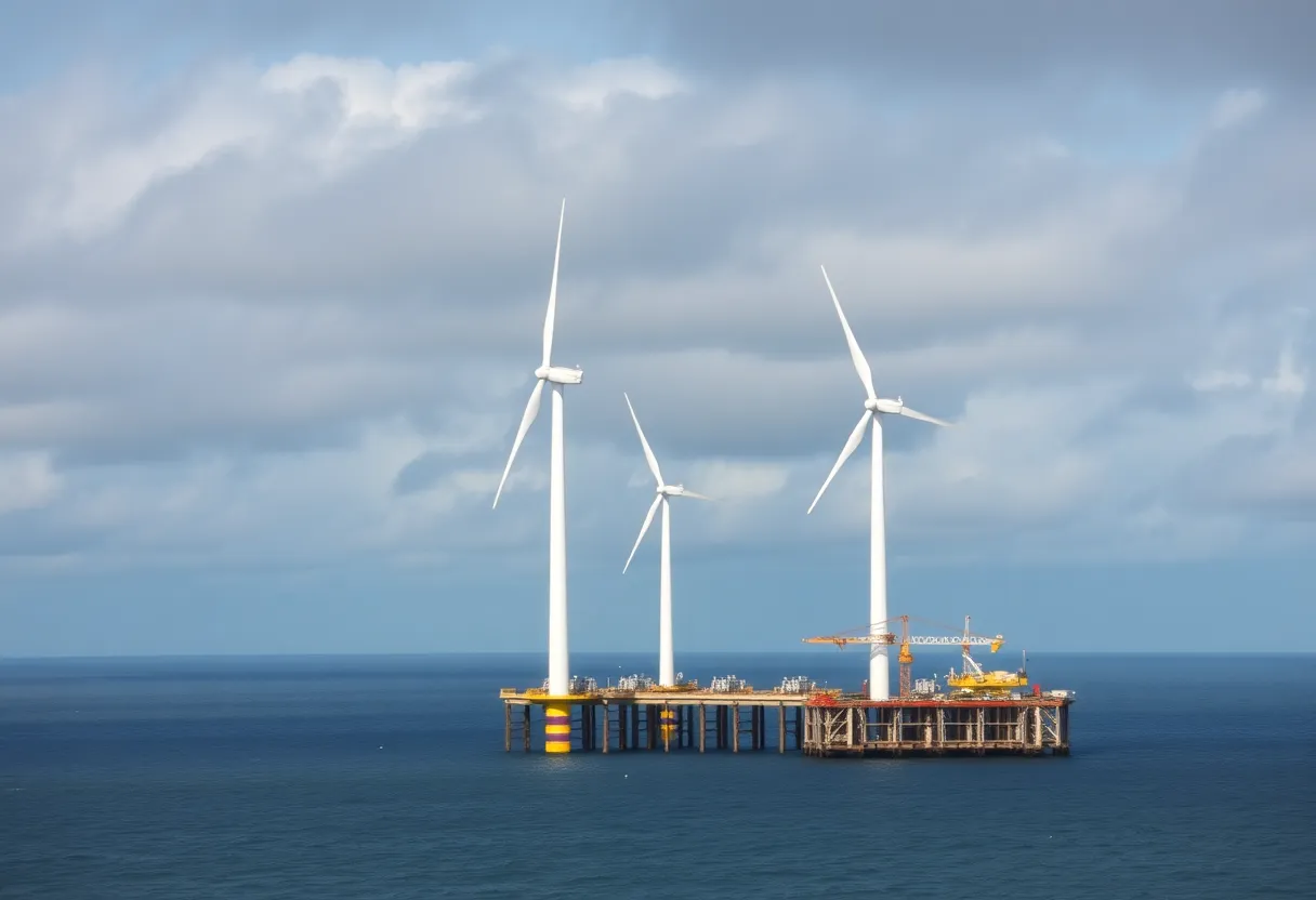 Partially constructed offshore wind farm with turbines in the sea