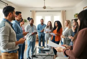 Buyers engaging with a realtor at an open house in Los Angeles.
