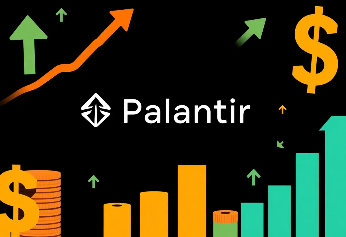Graphic representing Palantir's revenue growth achievement with financial symbols.