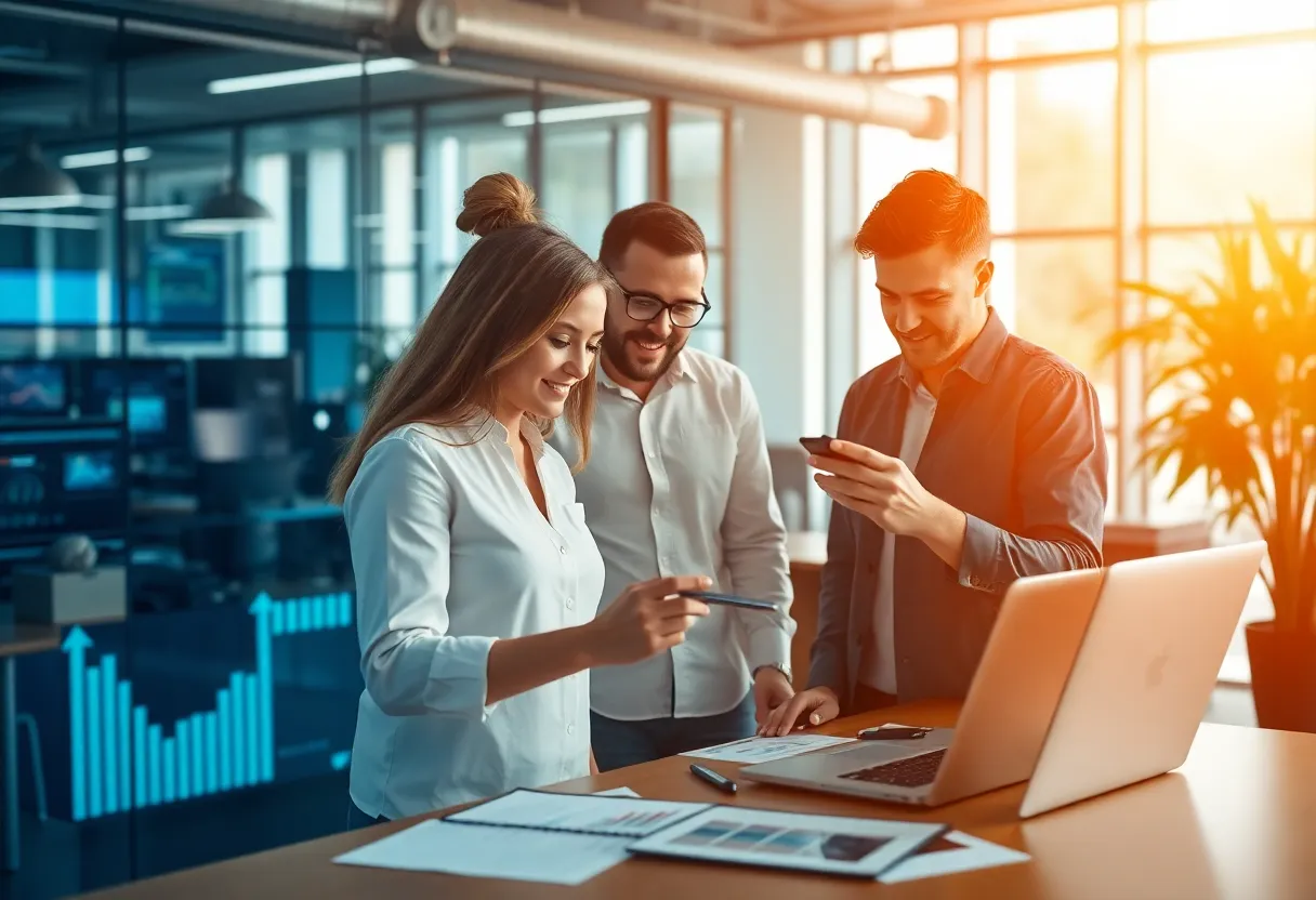 A team working with digital technology illustrating business growth.