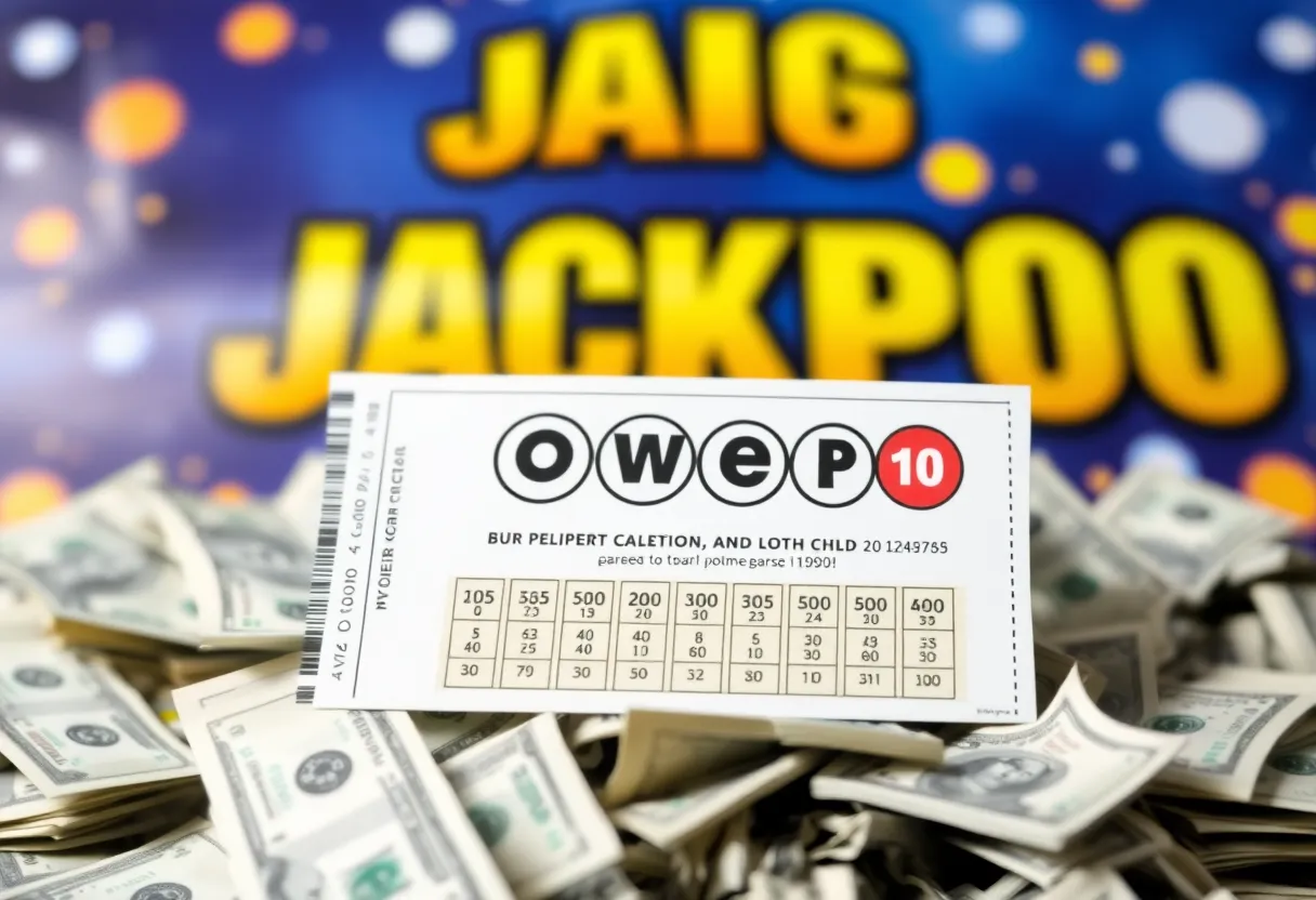 Powerball lottery ticket on a pile of cash with a jackpot banner