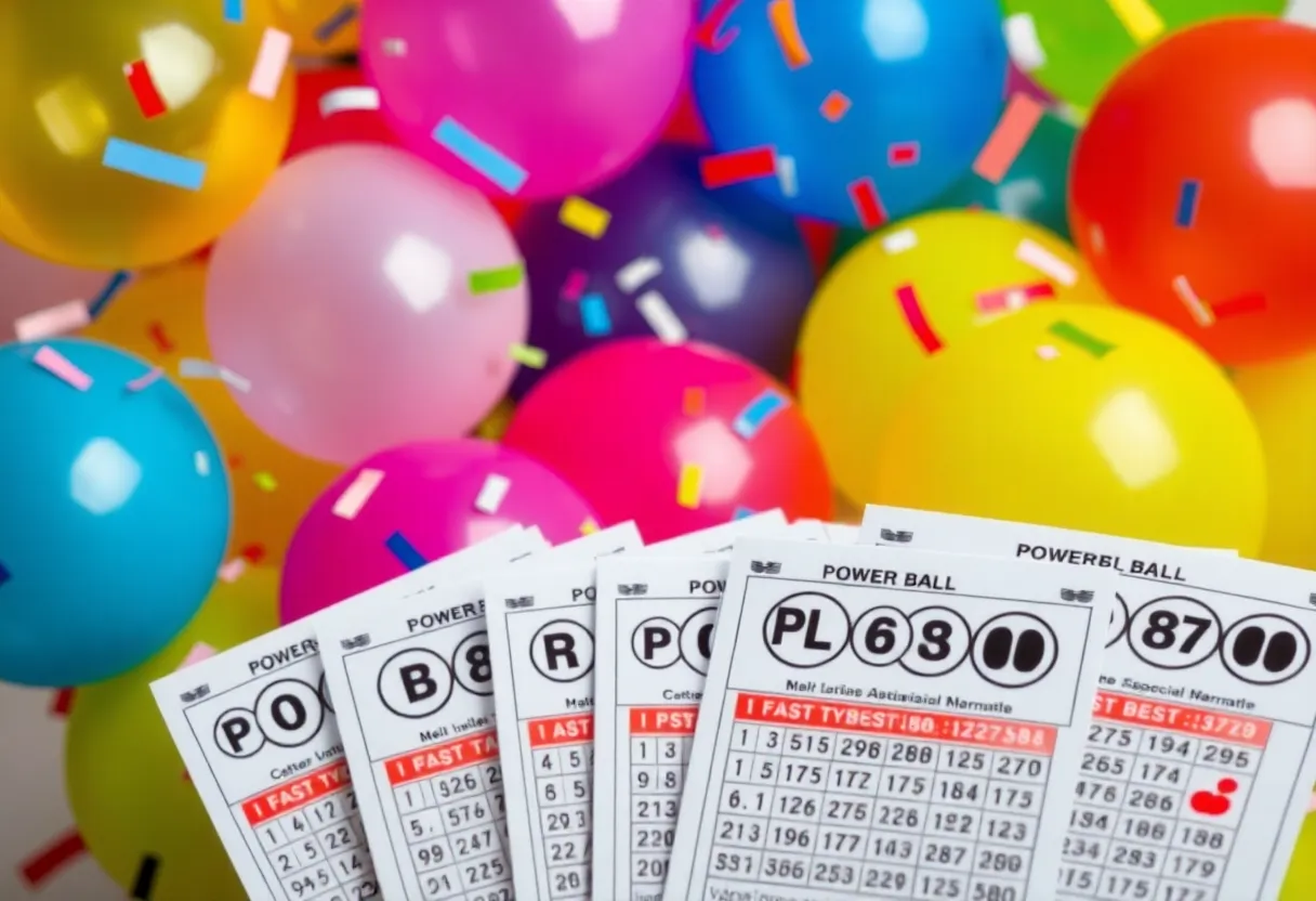 Colorful Powerball lottery tickets with festive decorations