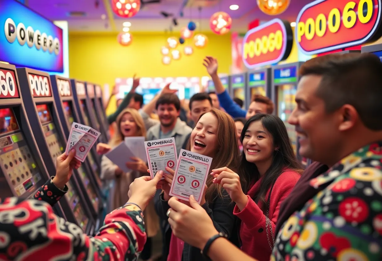 Joyful celebration of Powerball winners with lottery tickets