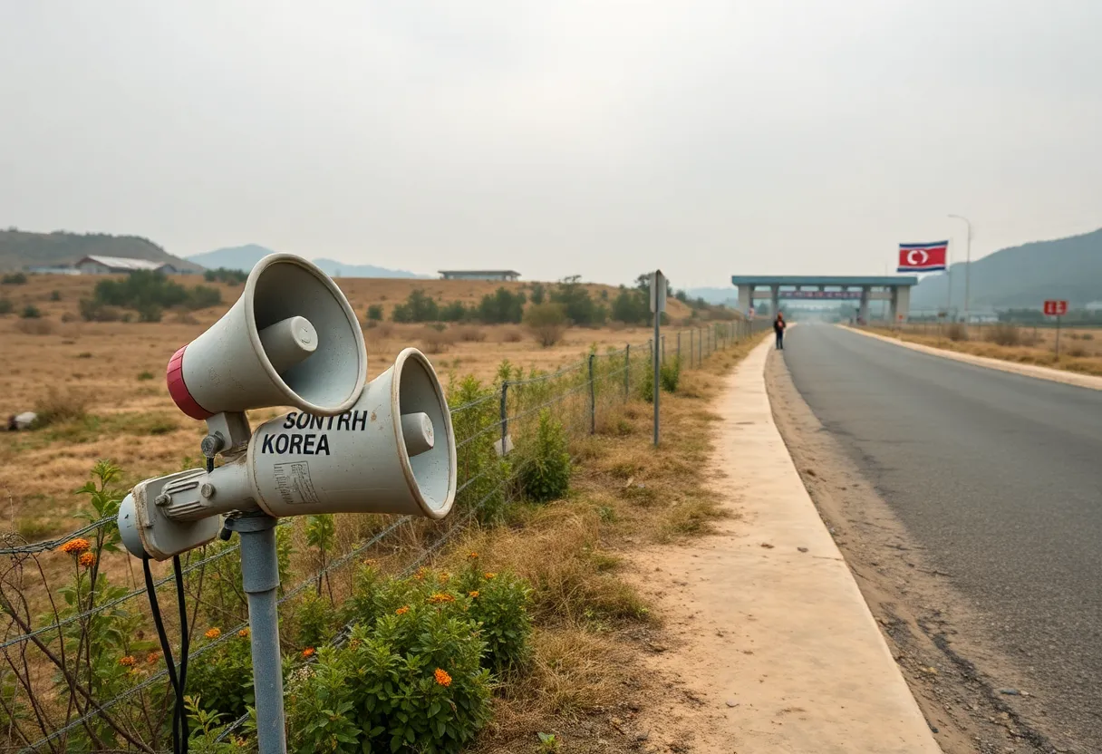 Dismantled loudspeakers along the South Korea-North Korea border symbolizing peace efforts.