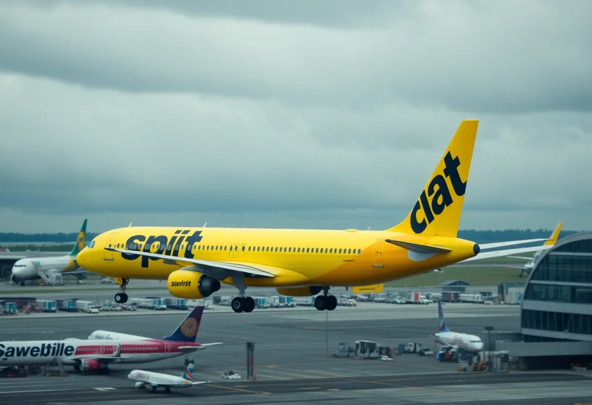 A Spirit Airlines airplane parked at an airport